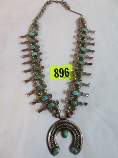 Beautiful Sterling Silver and Turquoise Squash Blossom Necklace