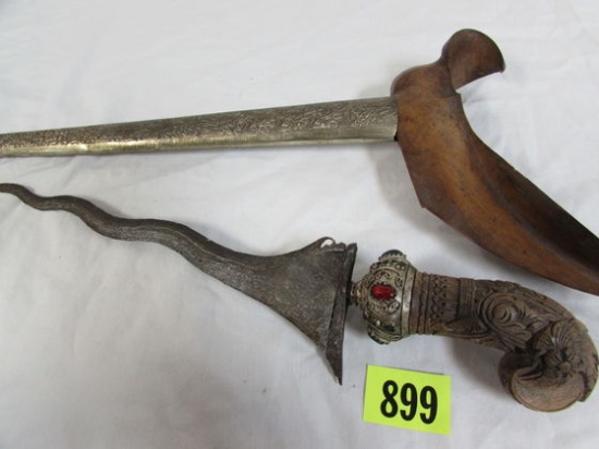 Antique Indonesian Kris Dagger/ Sword 15" w/ Jeweled Handle