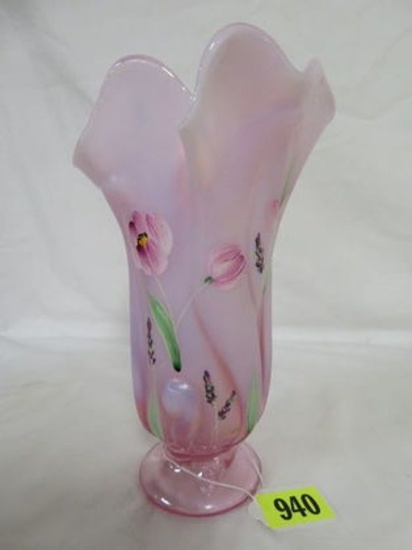 Fenton Pink Chiffon Hand Painted 9.5" Vase