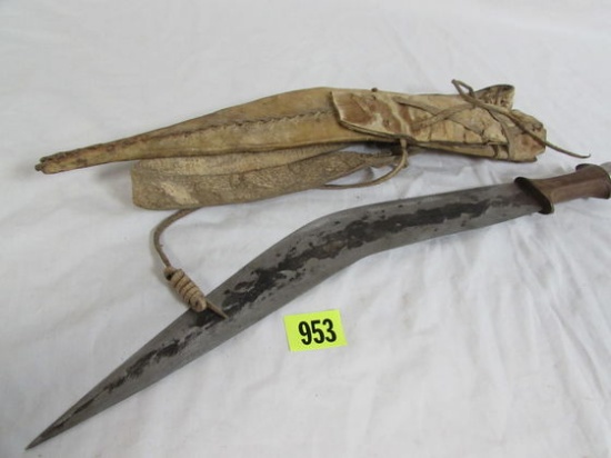 Unknown 22" Handmade Sword/ Machete in Leather/ Buckskin Sheath