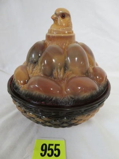 Westmoreland Chocolate Slag Glass Chick and Eggs in Basket
