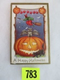 Antique Halloween Postcard With Old Witch and Owl