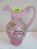 Fenton Hand Painted Frosted Rose Pitcher, Artist Signed & Shelley Fenton Signed