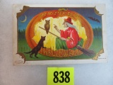 Antique Halloween Postcard With Old Witch and Black Cat