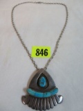 Beautiful Turquoise and Sterling Silver Necklace w/ Large Pendant inset w/ Bisbee Turquoise