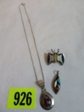 Lot of (2) Zuni Sterling Silver and Turquoise Pendants and Butterfly Pin