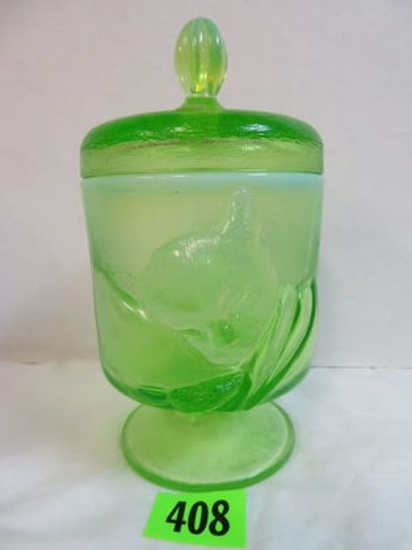Fenton Vaseline Opalescent "Chessie" Cat Candy Jar