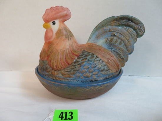 Beautiful Fenton Hand Painted Rooster On Nest, Artist Signed