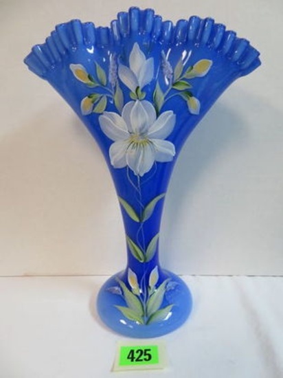 Beautiful Fenton Blue Overlay 13" Hand Painted Fan Vase, Artist Signed