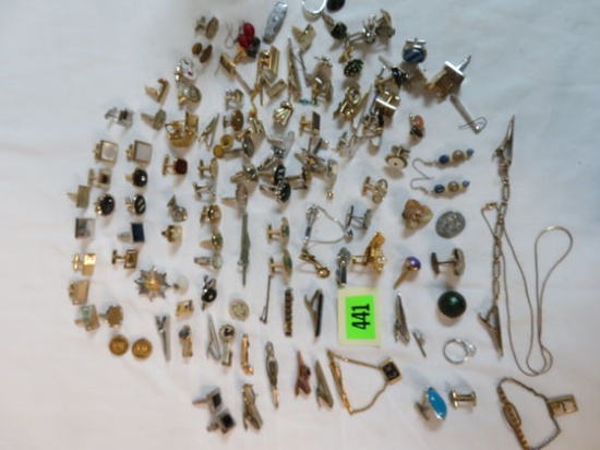 Estate Found Jar of Gentleman's Jewelry Inc Tie Bars, Cufflinks, and More