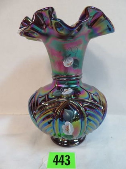 Fenton Ruby Carnival Glass 8" Hand Painted Vase, Artist Signed