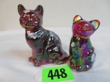 Lot of (2) Fenton Hand Painted Ruby Carnival Glass Cats, Artist Signed