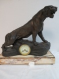 Signed T. Cartier, Rare French Panther Clock Sulpture on Marble Base