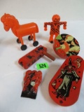 Grouping of Antique Halloween Noise Makers and Plastic Toy Decorations