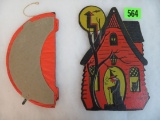 Lot of (2) Vintage Halloween Hanging Decorations Inc. Pumpkin and Embossed Witch House