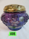 Beautiful Fenton Mulberry Evening Blossom Covered Box, Artist Signed & Fenton Family Signed