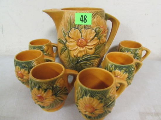 Rare Roseville Pottery #1326-7 1/2 Peony Water Set With Extra Mugs