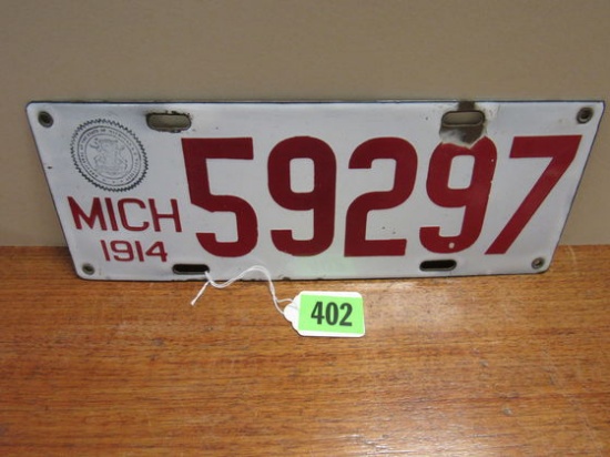 1914 Michigan Porcelain License Plate