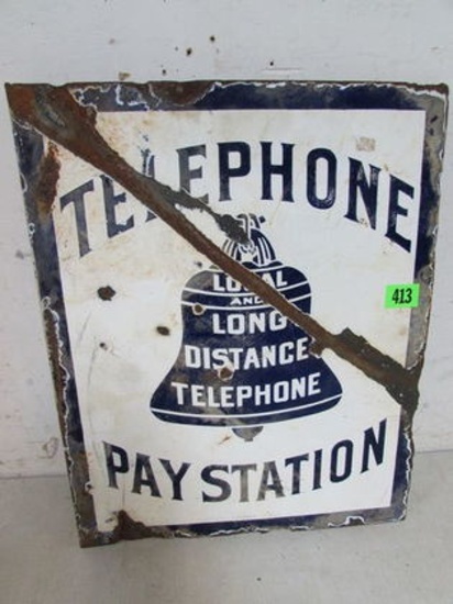 Antique Bell Telephone Pay Station Dbl. Sided Porcelain Flange Sign 16 X 20"