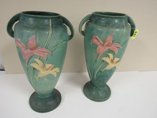 Pair Vintage Roseville Pottery 141-15 Zephyr Lilly 15" Floor Vases