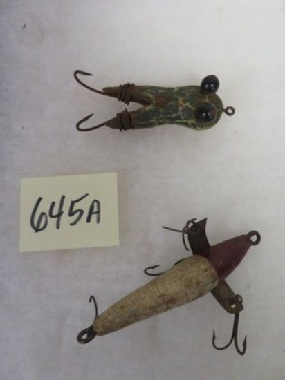 Lot of (2) Very Unusual Early Wooden Fishing Lures Including Frog