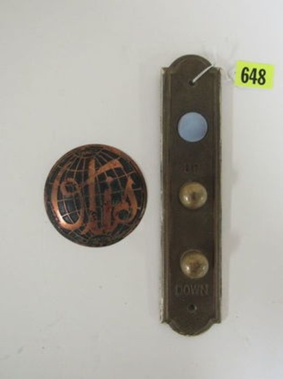 Antique Otis Elevator Cast Iron Elevator Badge Sign + Original up and Down Buttons with Milk Glass L