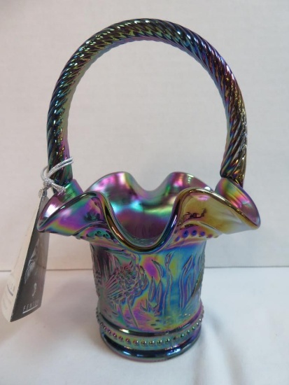 Fenton Stork & Rushes Amethyst Carnival Glass Basket