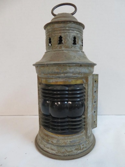 Early 1900s Antique Triplex Nautical Lantern w/ Cobalt Lens