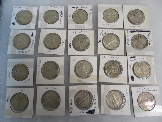 Lot of (20) 1940's Walking Liberty Half Dollar Coins, 90% Silver