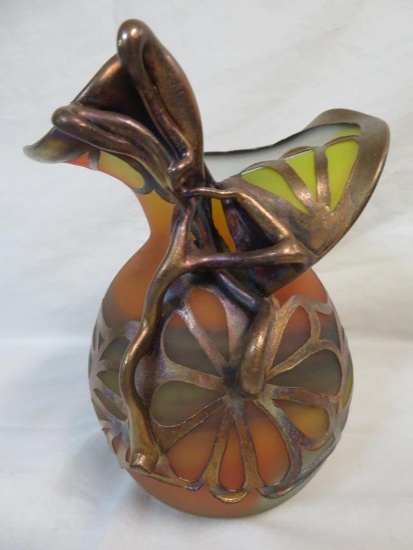 Beautiful Amor Cameo Art Glass Vase With Metal Overlay
