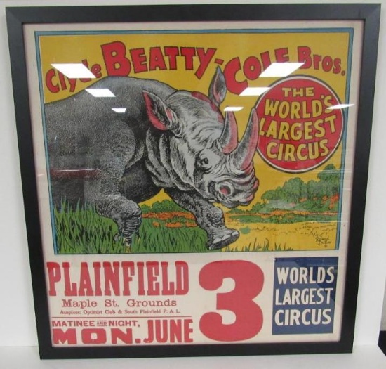 Authentic Framed Antique Clyde Beatty Cole Bros Circus Poster