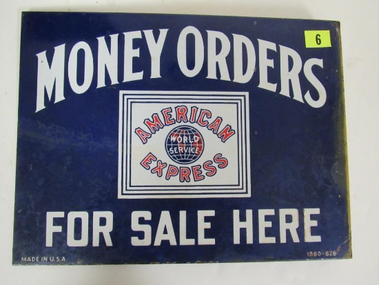 Antique American Express Money Orders Dbl. Sided Porcelain Flange Sign