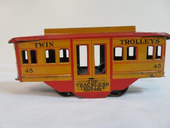 Antique Ferdinand Strauss 7" Tin " Trackless Trolley" Car