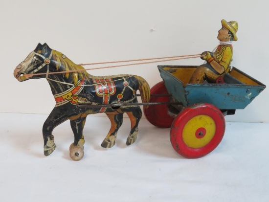 Vintage Marx Tin Wind Up Wagon w/ Farmer & Horse