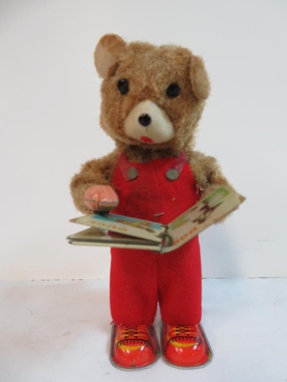 Antique Japan Tin Wind-Up Reading Bear 6"
