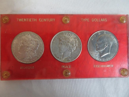 20th Century Type Dollars In Plastic Holder Inc. Morgan & Peace Silver Dollars