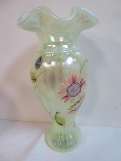 Fenton Topaz Opalescent Hand Painted 9" Vase, Artist Signed