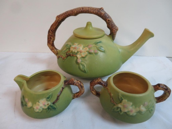 Roseville Pottery Green Apple Blossom Tea Pot w/ Cream and Sugar