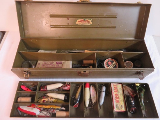 Vintage Hobart Metal Tackle Box Full Of Old Fishing Lures Inc. Heddon Luny Frog, South Bend, Bud