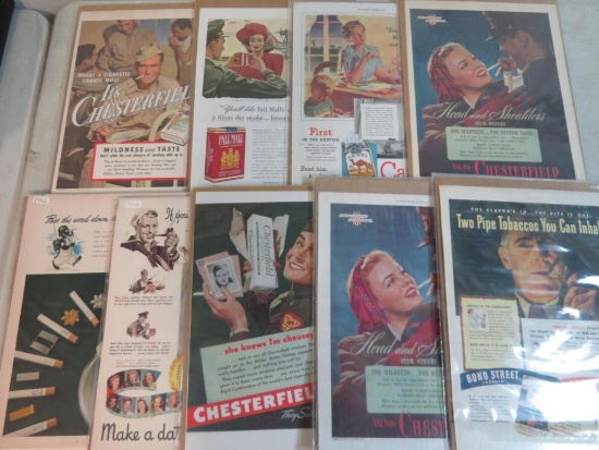 Lot of (9) WWII Era 1940's Cigarette / Tobacco Advertising Magazine Print Ads w/ Military Images