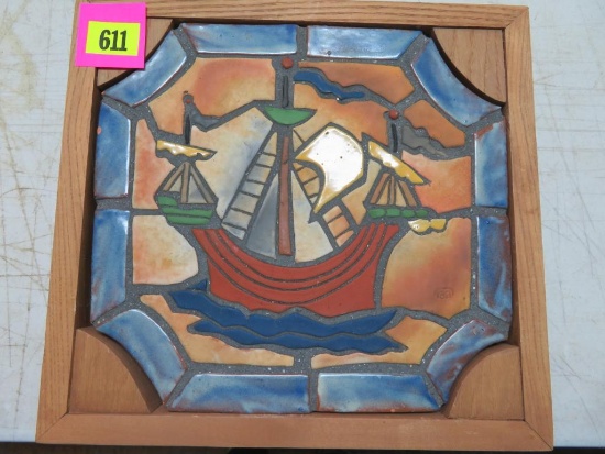 Beautiful Moravian Frieze Tile Of Ship in Wooden Frame