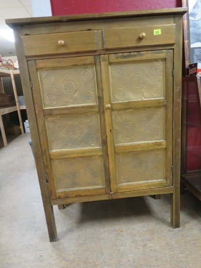 Antique Primitive Punched Copper & Pine Pie Safe/ Kitchen Cabinet