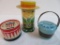 Lot of (3) Vintage Tin Litho Banks, Inc. Patriotic Drum Bank, Prosperity Bucket Bank