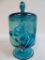 Fenton Sapphire Blue Carnival Glass Chessie Cat Covered Candy Jar