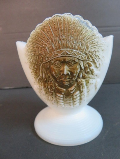 Antique Kemple Milk Glass Indian Chief Divided Match Holder