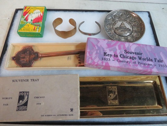 Collection of 1933 Chicago World's Fair Souvenirs Inc. Bracelets, Trays, Key to the World's Fair +