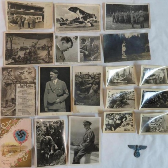 Case Lot of WWII German Nazi Real Photo Postcards, Photos, and Badge