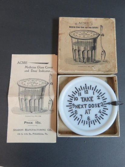 Antique 1890's Acme Milk Glass Medicine Glass Cover and Dose Indicator in Original Box