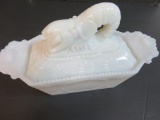 Rare Antique EAPG Milk Glass Lobster Covered Dish