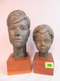 Vintage Woman & Child Head Sculptures on Wooden Bases, Signed REN